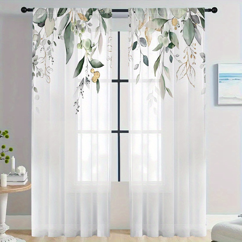 Curtain Rods - 2枚組高級シアーカーテン、ユーカリの金色の枝柄、デジタルプリント、寝室・リビングルーム用、ロッドポケットポリエステル、ホームデコレーション