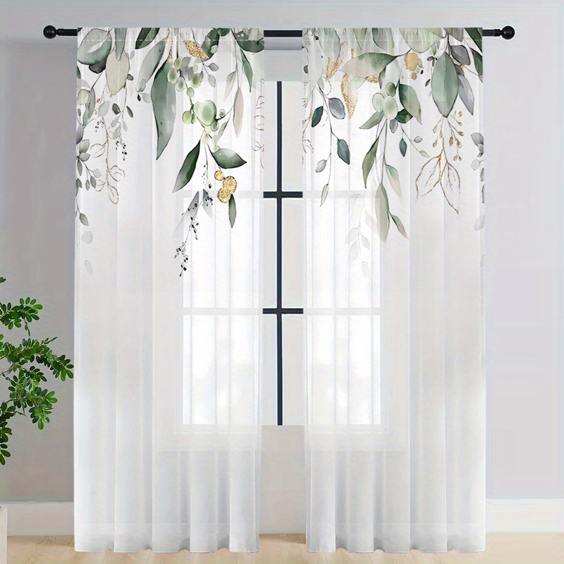 2枚組高級シアーカーテン、ユーカリの金色の枝柄、デジタルプリ - Curtain Rods のレビューと価格