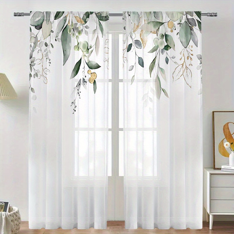 2枚組高級シアーカーテン、ユーカリの金色の枝柄、デジタルプリ - Curtain Rods のレビューと価格
