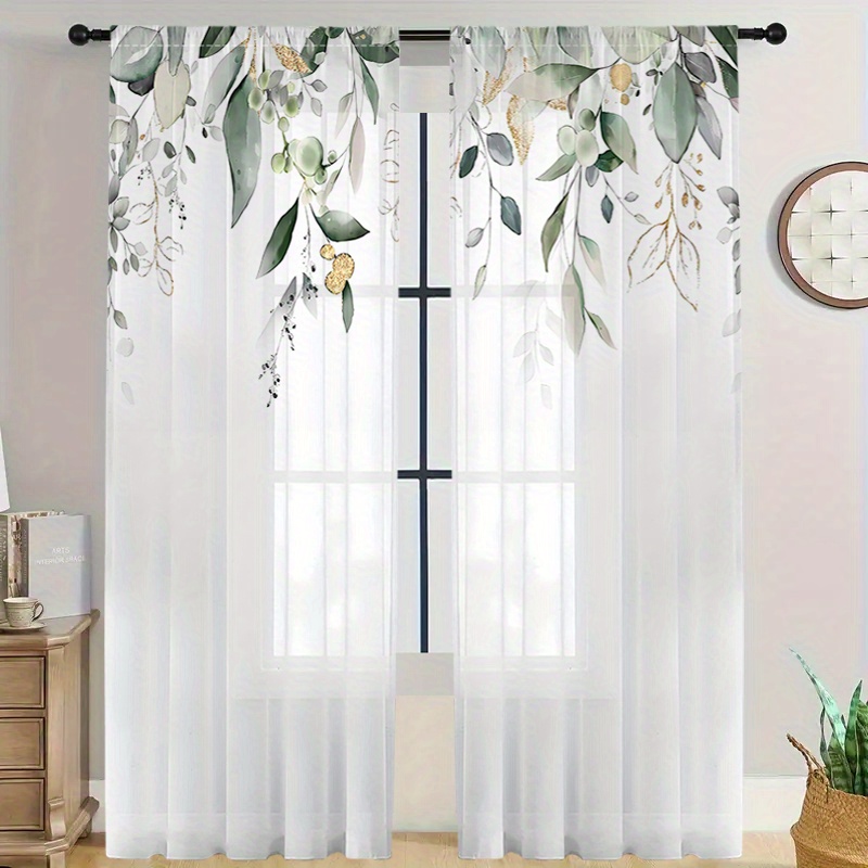 2枚組高級シアーカーテン、ユーカリの金色の枝柄、デジタルプリ - Curtain Rods のレビューと価格
