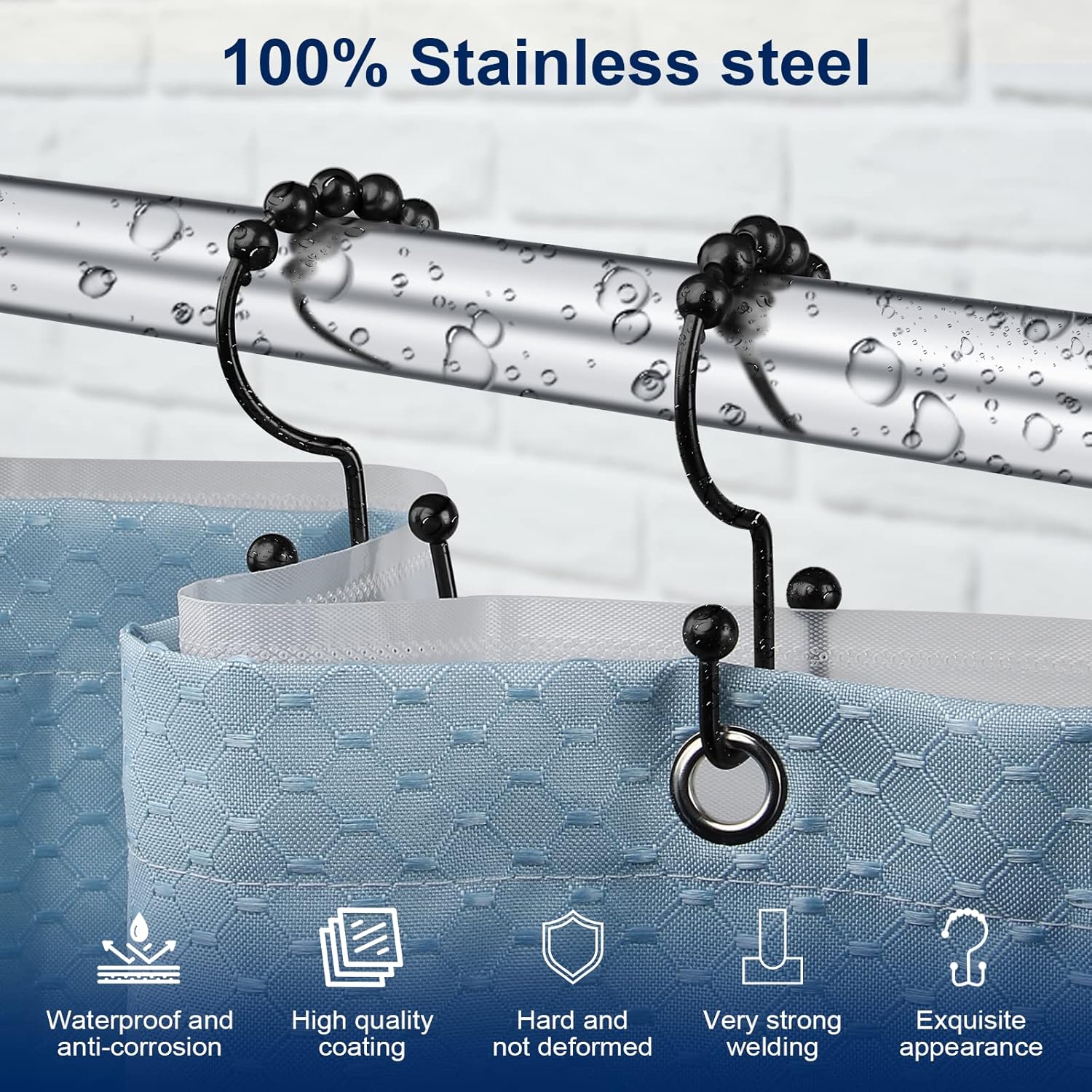 シャワーカーテンフック、頑丈なステンレス製両面シャワーフック - Curtain Rods のレビューと価格