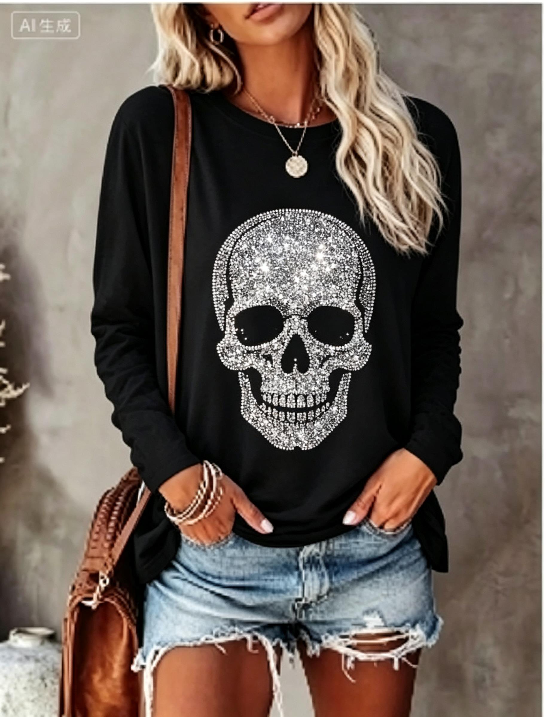 レディース長袖Tシャツ、模造ラインストーンスカルと赤いバラの - Wallpaper のレビューと価格