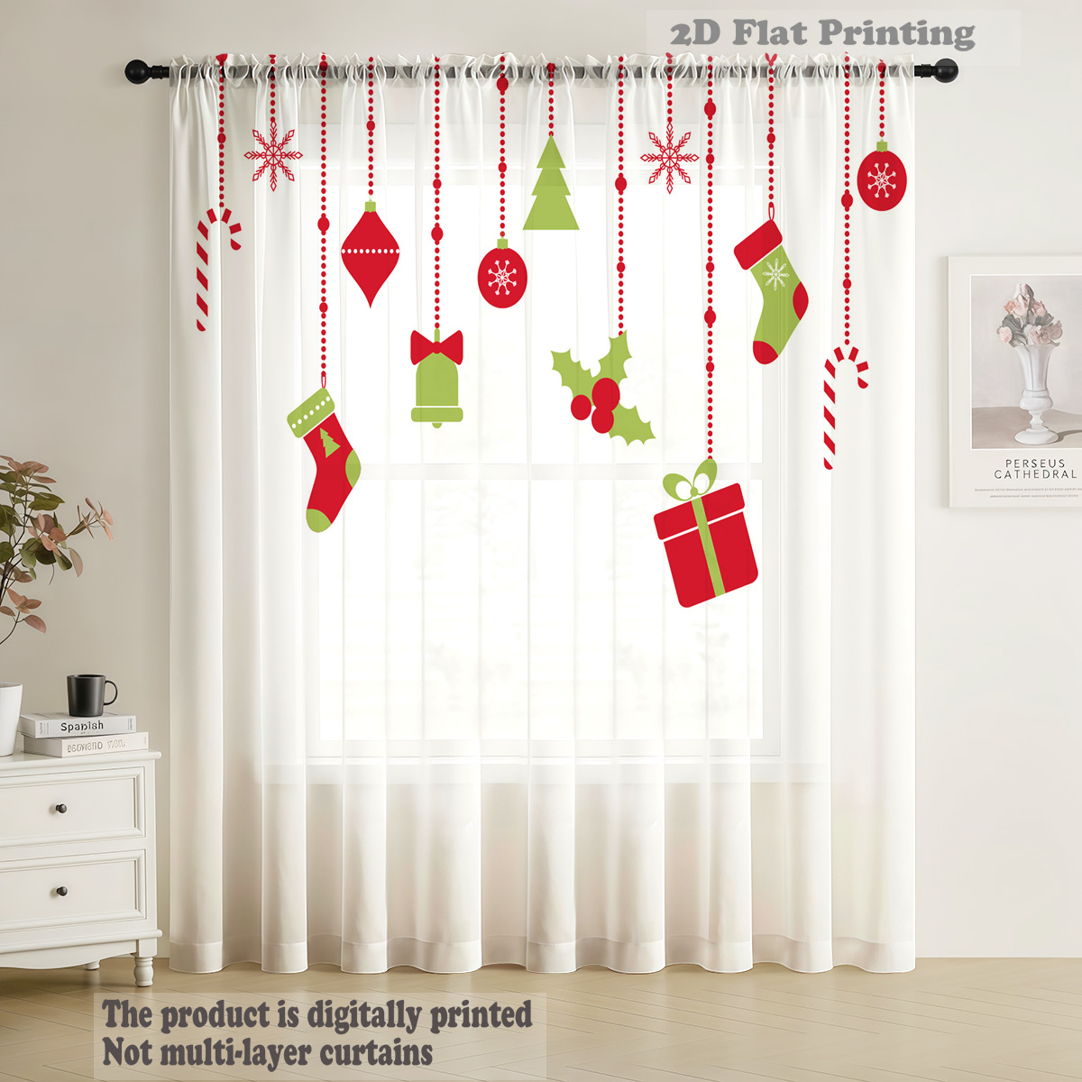 クリスマス柄の透け感のあるボイル生地の窓用カーテン、ロッドポ - Curtain Rods のレビューと価格