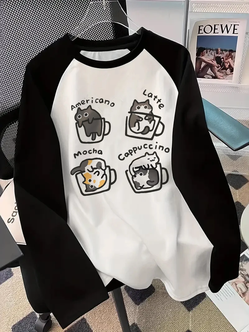 コーヒー猫柄の長袖Tシャツ。プリント柄で、ユーモラスなヒップ - Wallpaper のレビューと価格